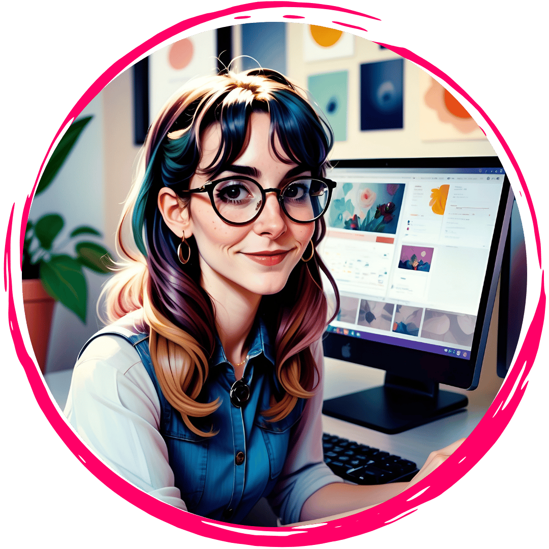 A digital illustration of a young woman sitting at a desk in front of a computer monitor displaying various floral artworks. She has a friendly and creative expression, wearing large round glasses and a denim vest over a light blouse. Her wavy hair features colorful highlights in shades of blue, purple, and blonde. She is accessorized with hoop earrings and a pendant necklace. The background includes framed abstract art and a potted plant, creating a vibrant and artistic workspace. The artwork is enclosed in a circular frame with a bold pink border.