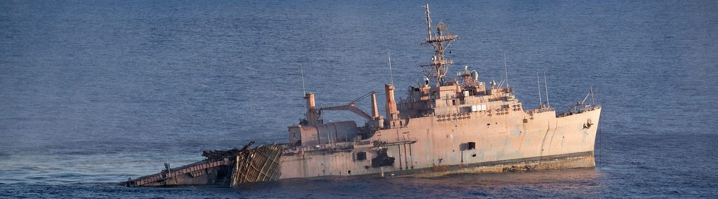 Multilateral, Joint Forces execute sinking exercise during Valiant Shield 2026 - The Ex-USS Juneau lists heavily to port during a SINKEX event off the Mariana Islands