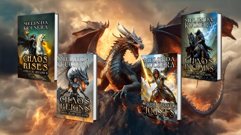 Kickstarter banner for Riders of the Apocalypse, a humorous fantasy series by Melinda Kucsera.