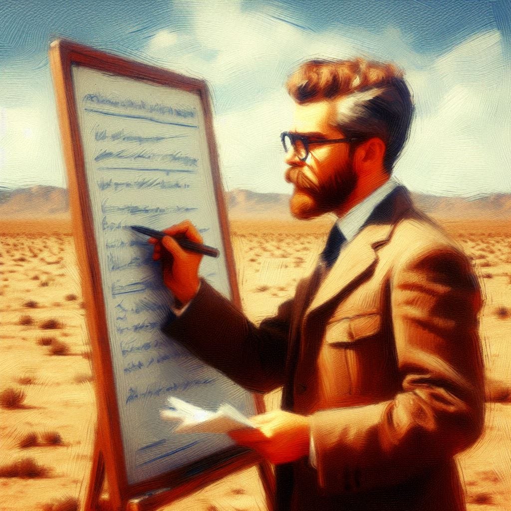 An officious man wearing glasses writes on a white board in the middle of a desolate desert. Slight impressionist style.