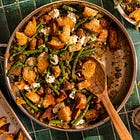 sausage and blistered green bean scarp with crispy bread
