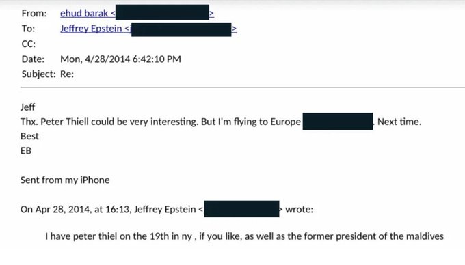Multiple email screenshots showing text conversations between Ehud Barak and Jeffrey Epstein. Names like Peter Thiel appear in the text. Arrows and timestamps are visible, along with iPhone and iPad watermarks.