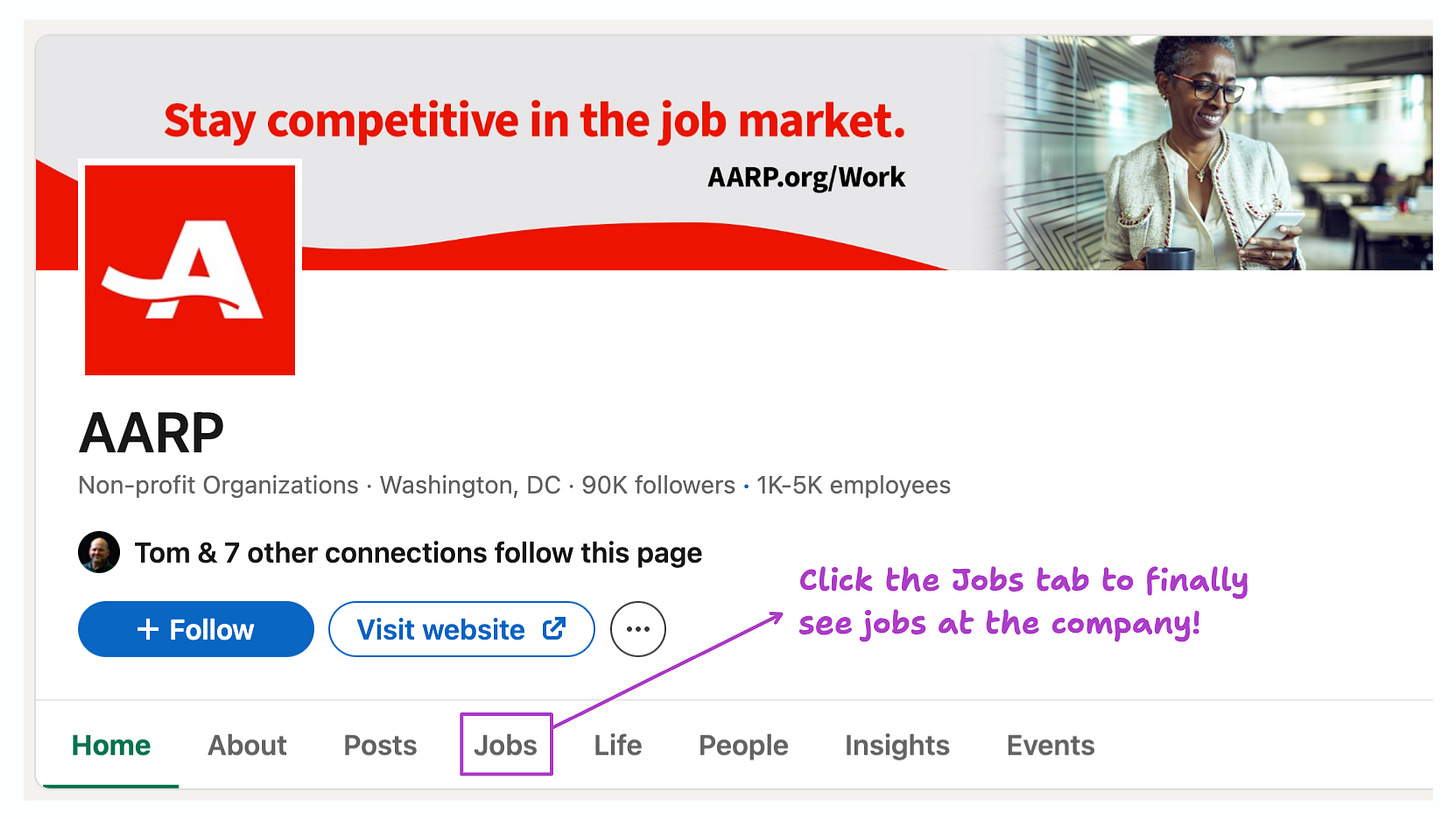 A screenshot of a company profile page. A purple annotation next to the Jobs tab reads: "Click the Jobs tab to finally see jobs at the company!"