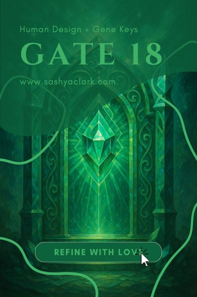 A mystical, prismatic digital painting in shades of emerald and turquoise, showing an ornate crystalline gateway glowing with refracted light against a cosmic starry background. The image evokes the energy of correction, balance, and refinement associated with Human Design Gate 18.