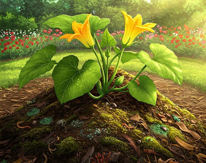 A pumpkin plant with beautiful yellow blossoms grows out of a backyard compost heap.