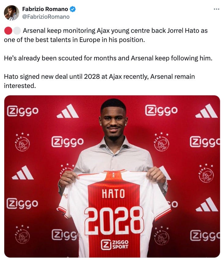 A Fabrizio Romano tweet on Jorrel Hato