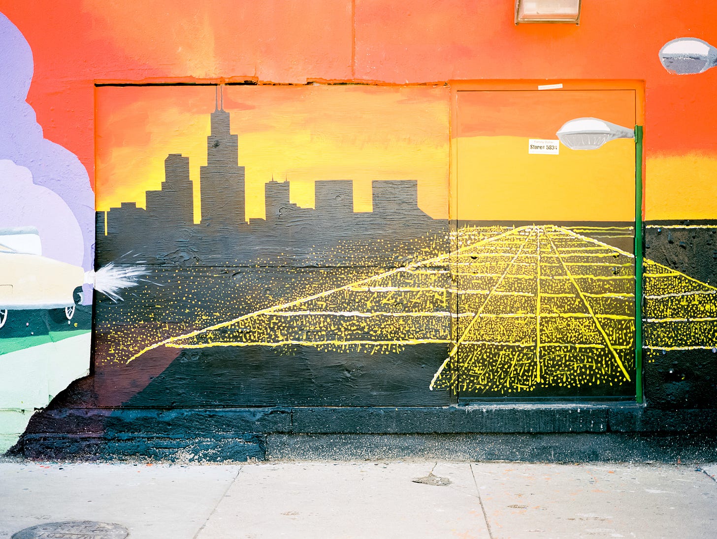 Photo of a mural depicting the Chicago skyline Photo of a mural depicting the Chicago skyline