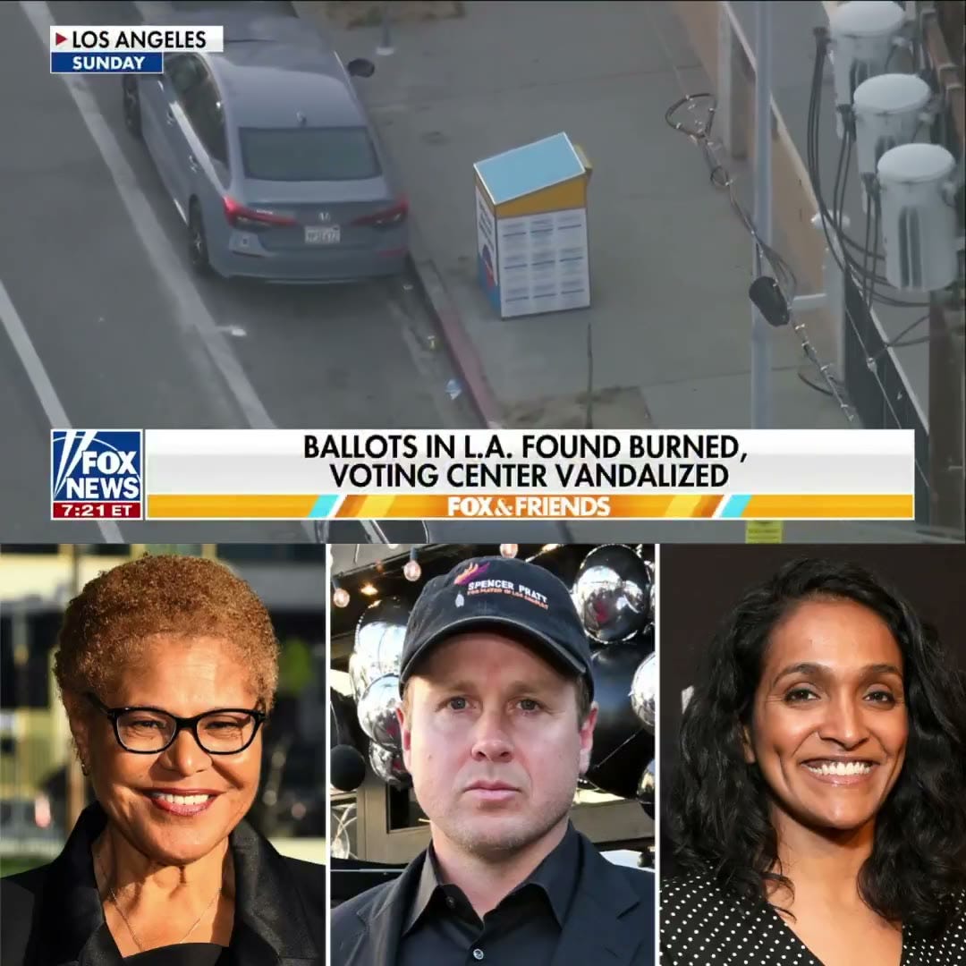 May be an image of text that says 'LOS LOSANGELES ANGELES SUNDAY 김리 FOX FOX NEWS 7:21ET BALLOTS IN L.A. FOUND BURNED, VOTING CENTER VANDALIZED FOX&FRIENDS ٤ PMC mhay FHAT tow MAMA'