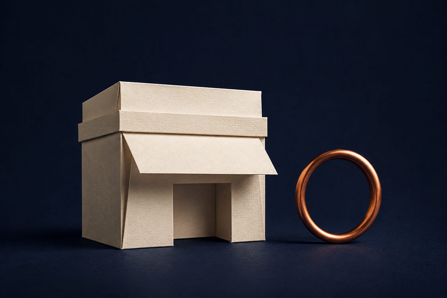 Editorial illustration of an ivory paper storefront beside a separate copper loop on a navy background. Editorial illustration of an ivory paper storefront beside a separate copper loop on a navy background.