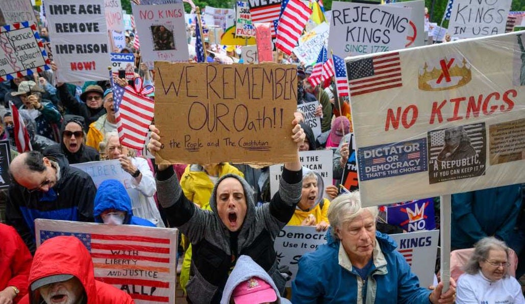 Hartford: Demonstrators outside The Connecticut State Capitol chant during a No Kings protest that event organizers said an estimated 7000 people attended.