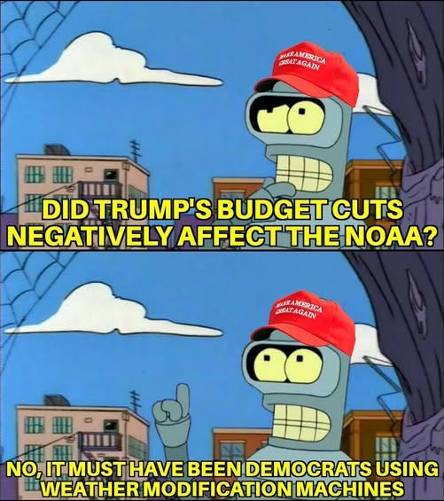 May be an image of text that says 'EE BRSAT AMERICA BREATAGAIN @MBRANERICA CO 聯品 黒盟一四 DID TRUMP'S BUDGET CUTS NEGATIVELY AFFECTTH THE NOAA? GURAFAGIRICA mиHB MERICA ARSATAGAIN NO, 番銀 ವಿರಾತ್ಷ್ IT MUST HAVE BEEN DEMOCRATS USING WEATHER MODIFICATION MACHINES'