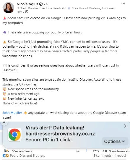 Nicola Agius Linkedin post about spam on Discover