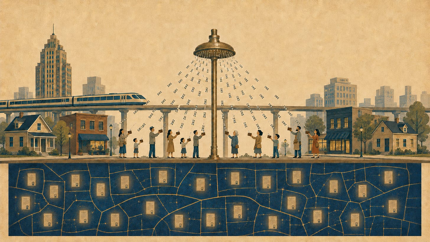 Vintage editorial illustration showing a land value tax and dividend funding universal basic income (UBI): a large brass shower nozzle rises from underground land and rains dollar bills onto a diverse group of people with open wallets, while houses, small businesses, and a monorail line the street above. Beneath the surface, a navy blue cross-section of land is divided into parcel lines and glowing deed documents, symbolizing shared land value as the source of a citizen dividend.