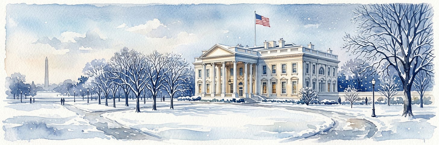 The White House in winter, watercolor illustration The White House in winter, watercolor illustration