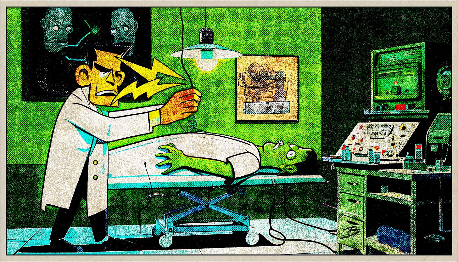 Doctor Frankenstein electrocuted as he hooks up monster