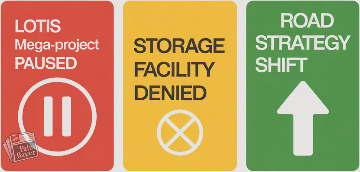 A news infographic featuring three vertical panels against a light background. The first panel is red with a white pause icon and the text "LOTIS Mega-project PAUSED." The second panel is yellow with a white 'denied' circle-slash icon and the text "STORAGE FACILITY DENIED." The third panel is green with a white upward arrow icon and the text "ROAD STRATEGY SHIFT."