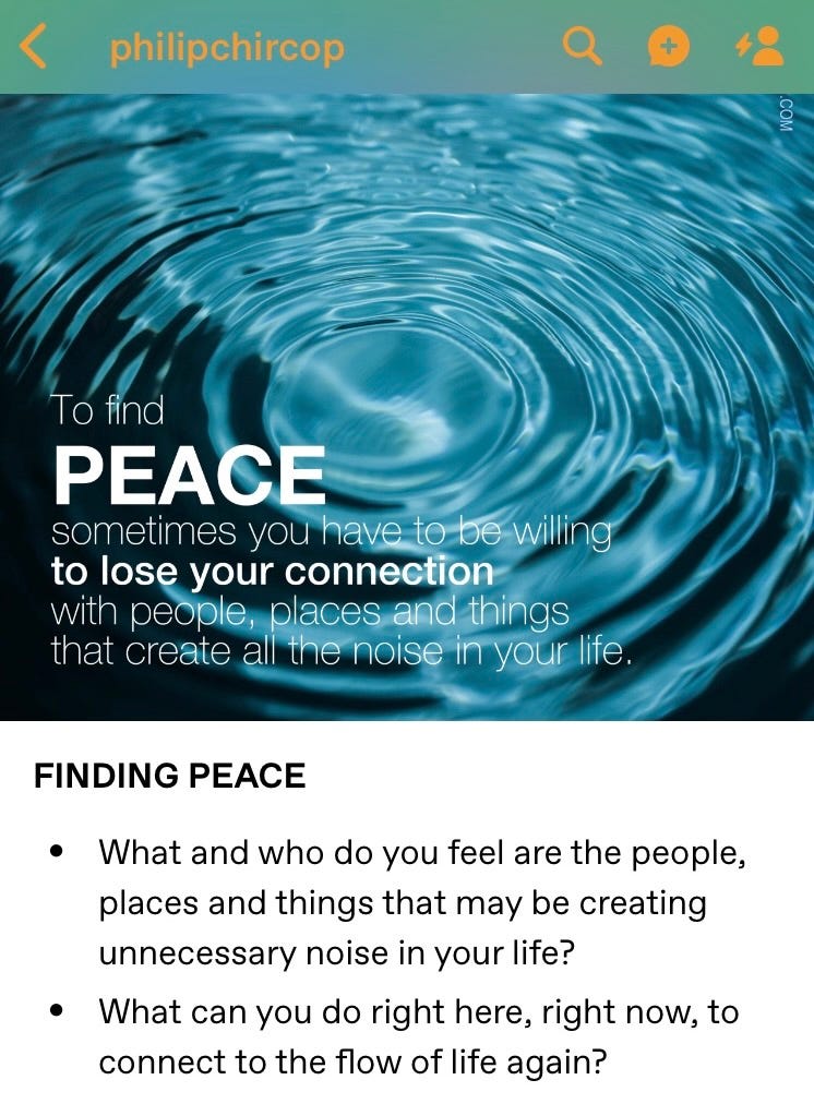 Screenshot of a post from Philip Chircop on finding peace.