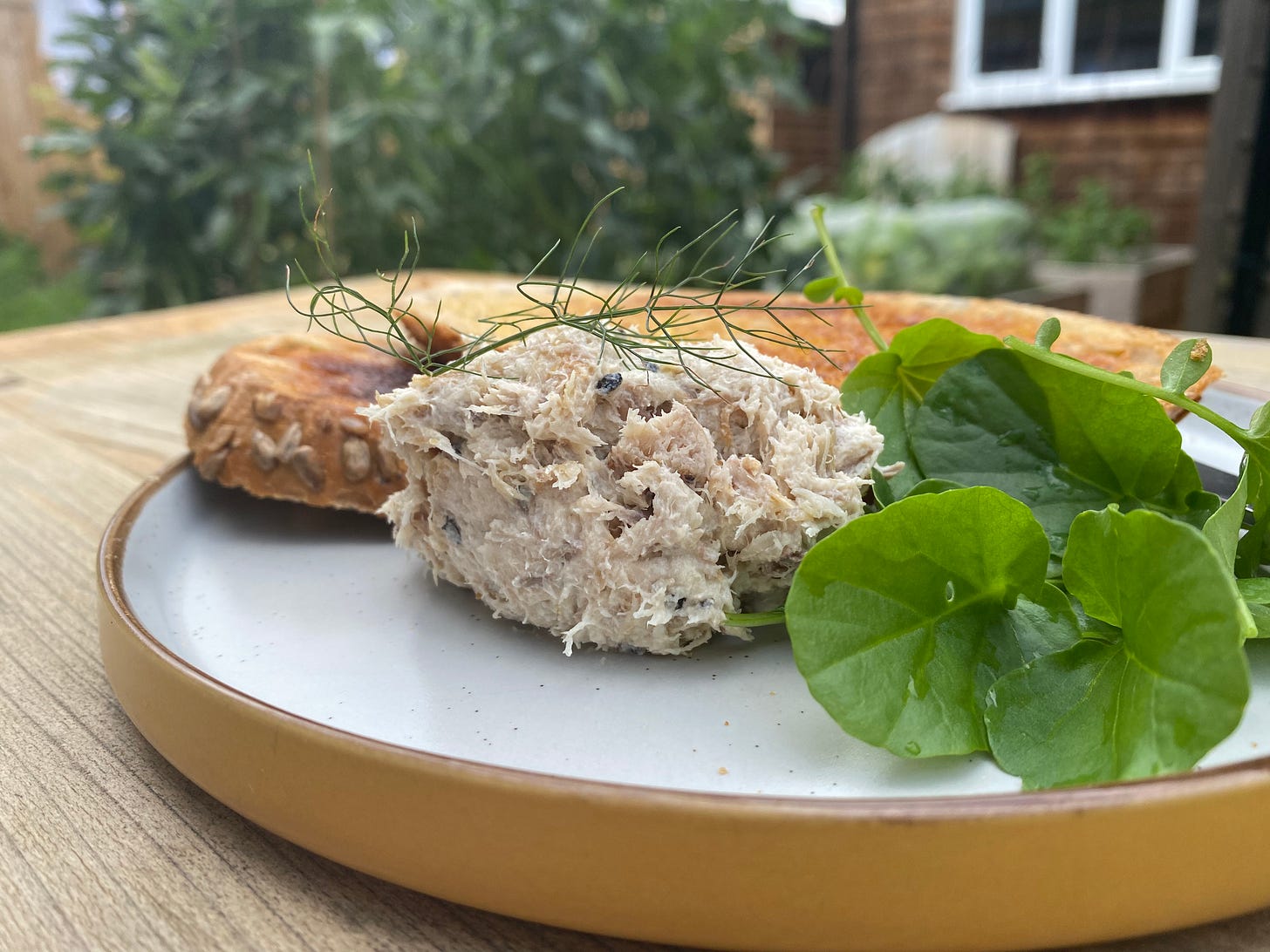 Plate with a yellow rim serves pate, toast and salad leaves. the plate is on a wooden table in a garden