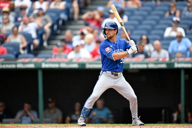 Adam Frazier of the Kansas City Royals bats during the second inning against the Cleveland Guardians at Progressive Field on August 28, 2024 in...