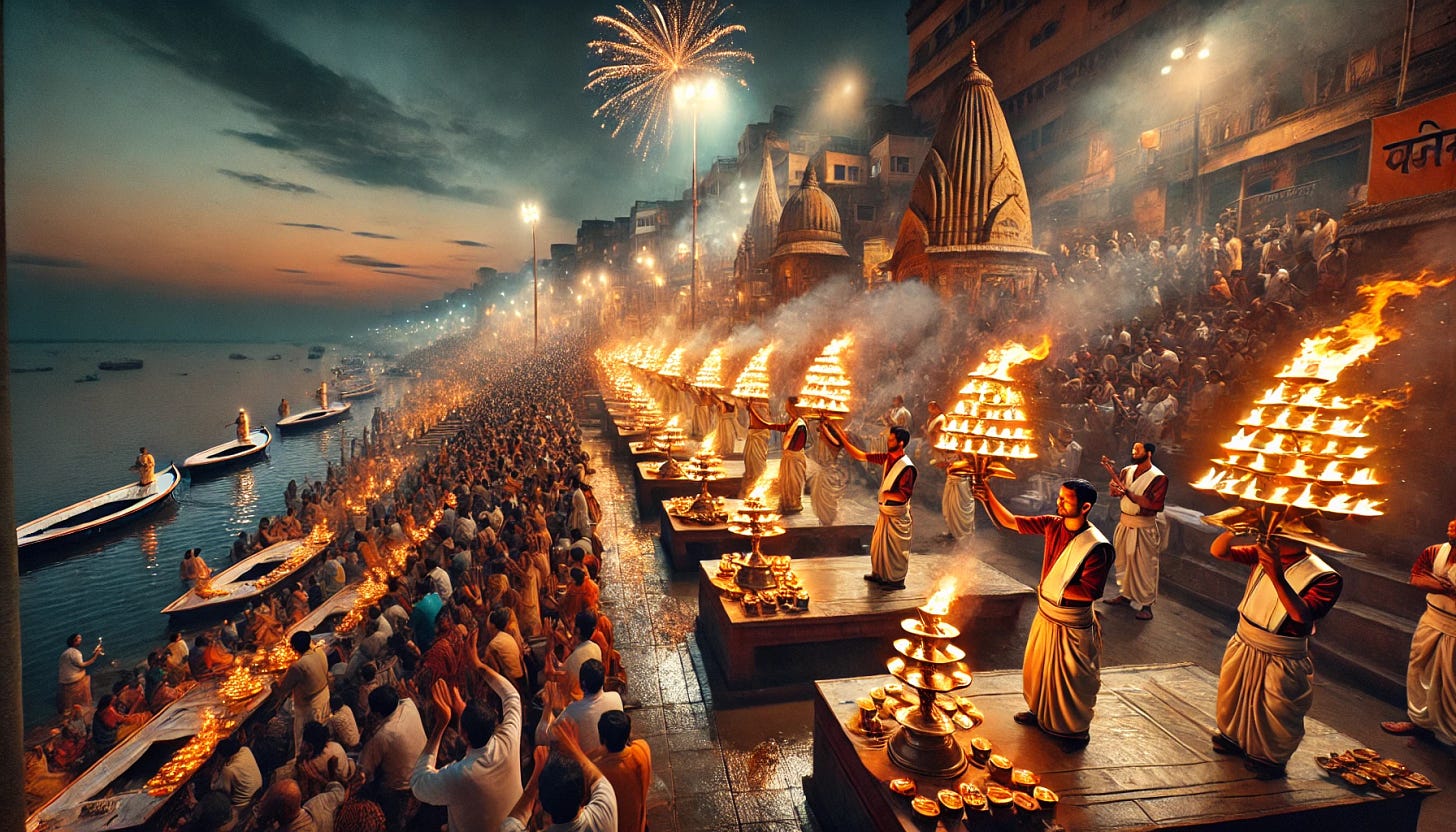 A vibrant scene of festivities in Varanasi, India, during the Ganga Aarti ceremony. The image captures the evening rituals along the ghats, with large brass lamps ablaze, priests performing synchronized prayers, and flames dancing in the night air. The sky glows with the light of fire and hundreds of floating diyas (small oil lamps) set adrift on the Ganges River. The atmosphere is festive yet spiritual, with crowds of people watching, clapping, and chanting along with the priests. The temples and buildings are bathed in the warm glow of the fire, adding to the sacred ambiance.