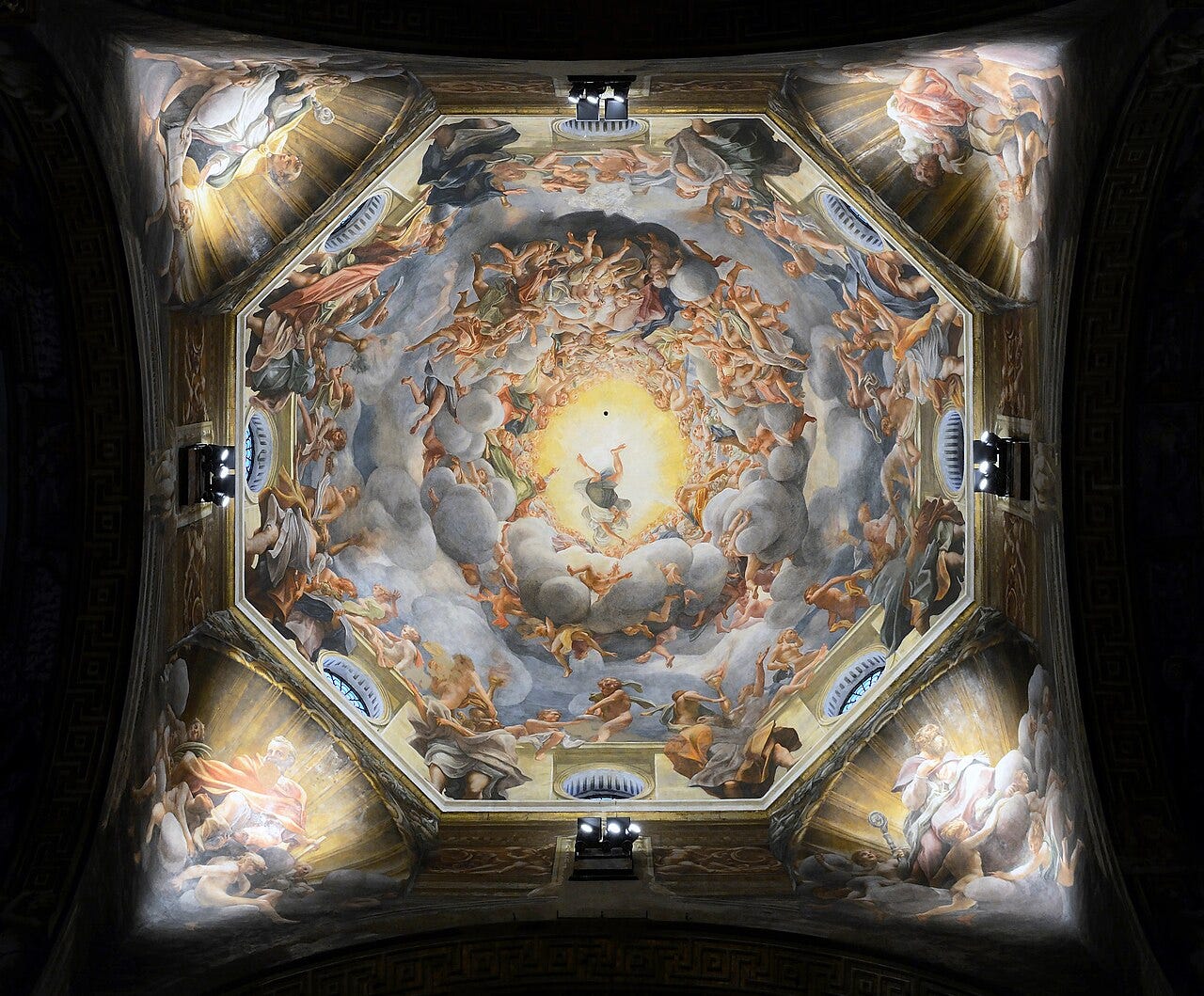 Correggio's dome fresco of a spiraling vortex of clouds and bodies in Parma Cathedral Correggio's dome fresco of a spiraling vortex of clouds and bodies in Parma Cathedral