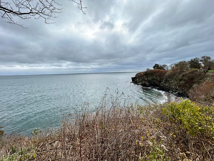 entrance, sign, ocean, trees, brush, railing, clouds