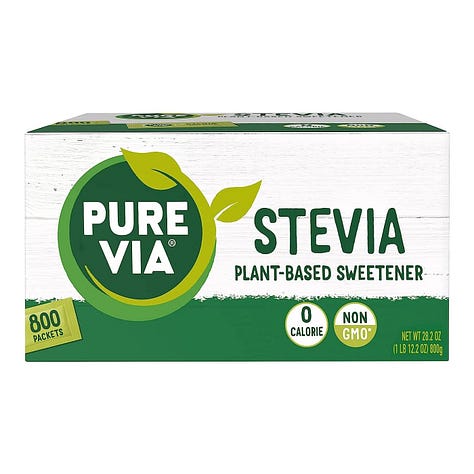 Several brands of highly processed Stevia from online food retailers.