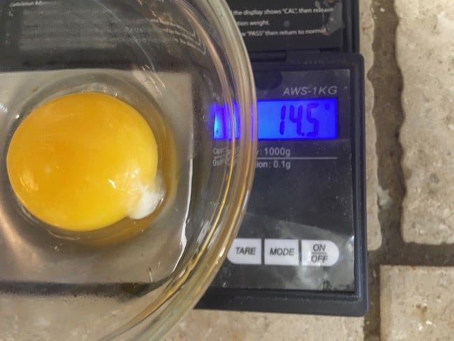 Costco Yolk weighing 14.5 grams.