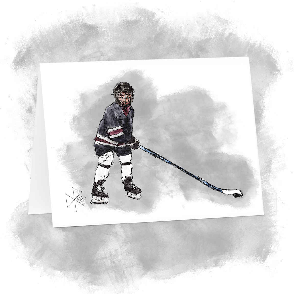 A young hockey player, looking around and ready to release the puck off the toe of his stick. Sketch art by Don Rice.