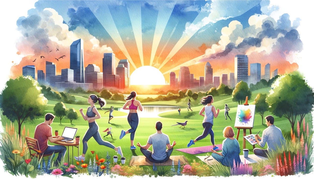 DALL·E 2023-11-22 17.27.06 - A watercolor-style, horizontal illustration embodying the theme of positive attitude towards Mondays. The artwork showcases a serene sunrise over a ci Large.jpeg