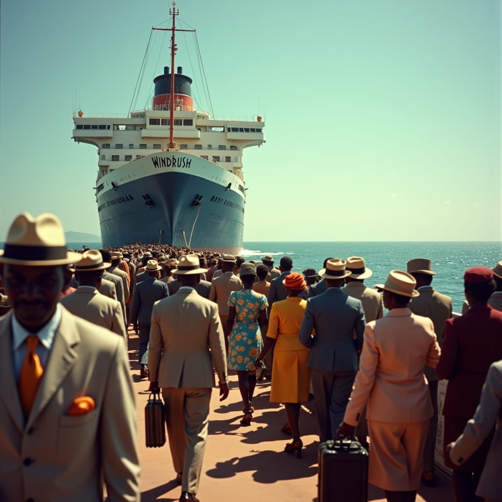 Historical HMT Empire Windrush ship arriving in Britain, 1940s, warm sunlight casting long shadows, clear blue skies, calm waters, reflecting the optimism of the era. Black Jamaican passengers, dressed in authentic attire, bustling on deck: men in suits, fedoras, and trilbies, some holding vintage suitcases, others wearing casual work clothing; women in modest, knee-length dresses, headscarves, and pearl necklaces, exuding hope, curiosity, and pride. The ship's massive structure towers behind, 'Windrush' emblazoned on its side in bold, Art Deco lettering. Inspired by the cinematography of Roger Deakins, influenced by the vibrant colors of Gordon Parks, and the poignant realism of Malick Sidibé, with a touch of classical Hollywood grandeur.