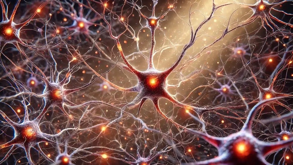 Illustration,Of,Neurons,,Highlighting,Their,Complex,Structure,With,Dendrites,And. Neuroplasticity. Brain plasticity. Growing new neural pathways.