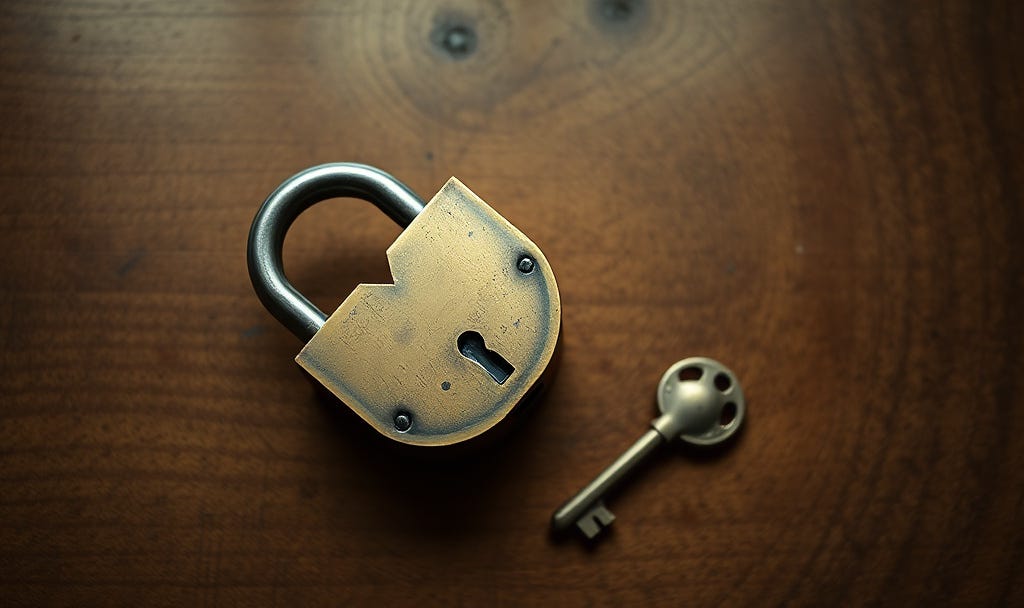 Bird's eye view of vintage brass padlock and key lying on wooden table with coffee cup and papers, warm cinematic tones, representing knowing the solution but not taking action