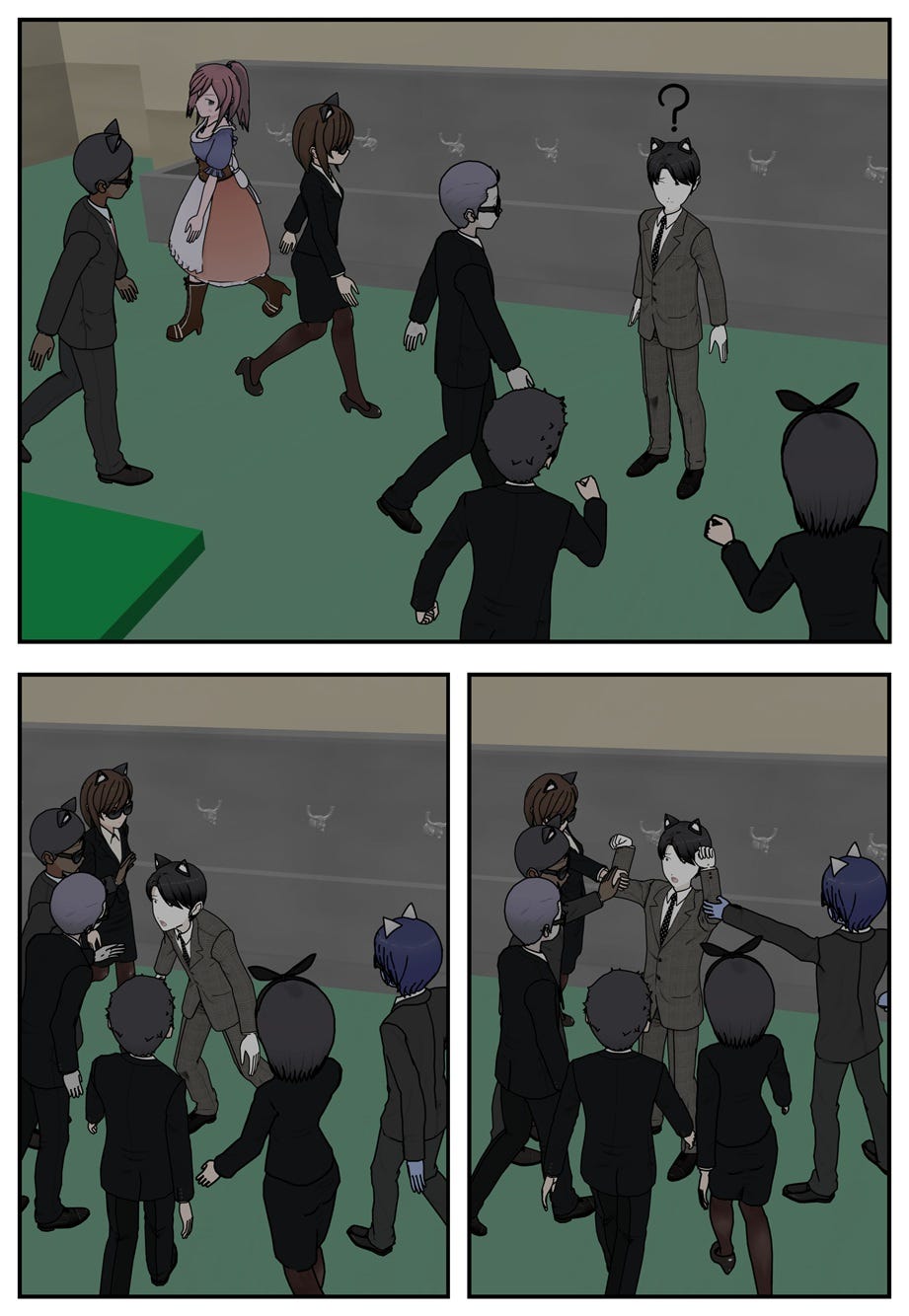 Vana steps aside as the agents surround and arrest Ace instead.