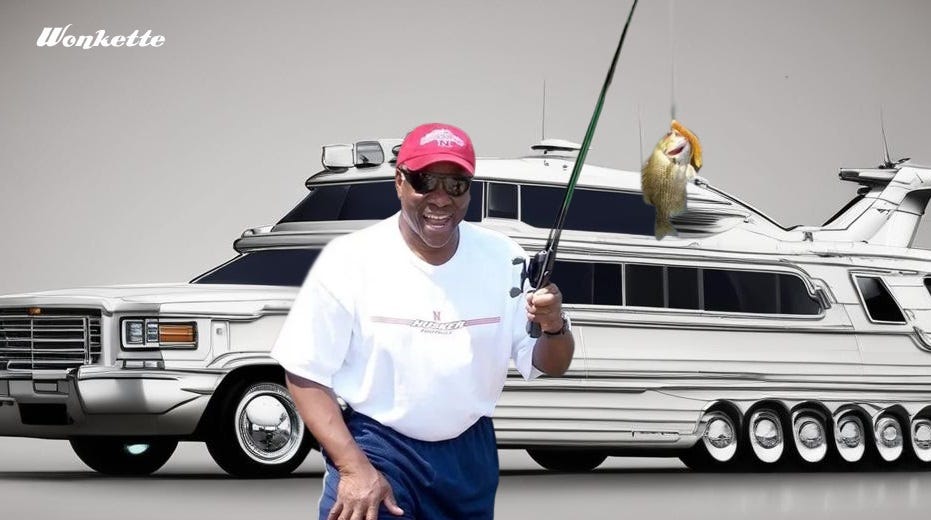 Photoshopped image of Clarence Thomas holding up a fishing rod and fish in front of an improbable AI-generated luxury RV that's also a yacht Photoshopped image of Clarence Thomas holding up a fishing rod and fish in front of an improbable AI-generated luxury RV that's also a yacht