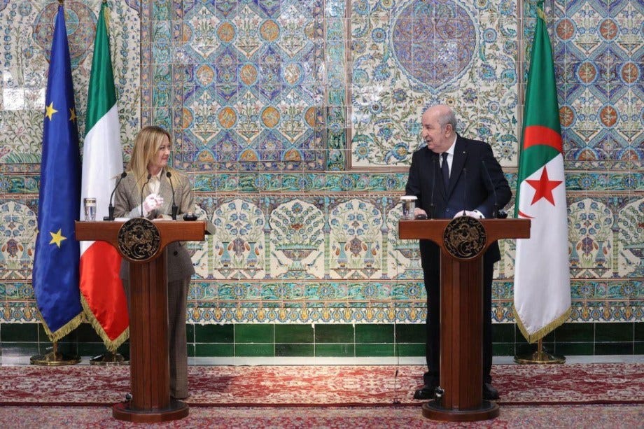 Algerian President Abdelmadjid Tebboune (R) and Italian Prime Minister Giorgia Meloni (L), hold a joint press conference following their bilateral talks at the El Mouradia Presidential Palace in Algiers, Algeria, on March 25, 2026. [Algerian Presidency / Handout - Anadolu Agency]