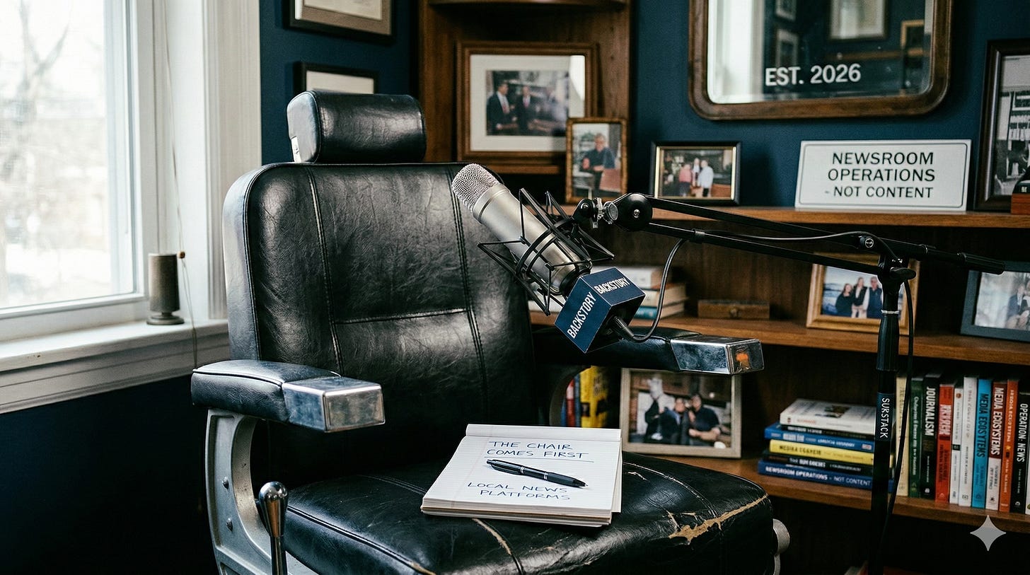 A moody, wide-angle photo of a home office featuring a vintage black leather hydraulic barbershop chair used as a desk chair. In front of the chair is a professional broadcasting microphone on a boom arm. In the background, a wooden bookshelf holds books and a small sign that reads 'NEWSROOM OPERATIONS - NOT CONTENT.' A notepad on the seat of the chair has 'The Chair Comes First' handwritten on it. A moody, wide-angle photo of a home office featuring a vintage black leather hydraulic barbershop chair used as a desk chair. In front of the chair is a professional broadcasting microphone on a boom arm. In the background, a wooden bookshelf holds books and a small sign that reads 'NEWSROOM OPERATIONS - NOT CONTENT.' A notepad on the seat of the chair has 'The Chair Comes First' handwritten on it.
