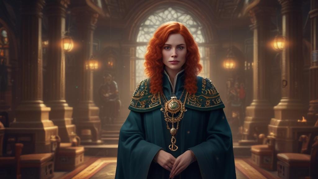 female redhead mayor wearing a green mayoral robe and chains