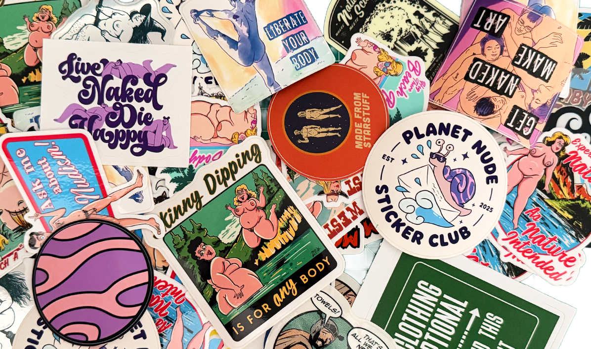 A colorful collection of Planet Nude Sticker Club stickers spread out, featuring diverse nude and nude-celebrating artwork including body-positive messaging, various artistic styles, and designs with text like 'live naked & die happy,' 'planet nude sticker club,' and 'liberating your body.' The stickers showcase different artists' work in multiple colors and styles. A colorful collection of Planet Nude Sticker Club stickers spread out, featuring diverse nude and nude-celebrating artwork including body-positive messaging, various artistic styles, and designs with text like 'live naked & die happy,' 'planet nude sticker club,' and 'liberating your body.' The stickers showcase different artists' work in multiple colors and styles.