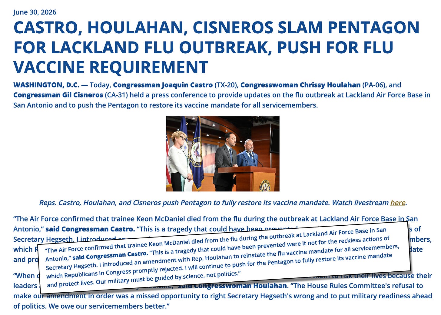 Reps. Castro, Houlahan, and Cisneros push Pentagon to fully restore the vaccine mandate that was removed by Pete Hegseth. Reps. Castro, Houlahan, and Cisneros push Pentagon to fully restore the vaccine mandate that was removed by Pete Hegseth.