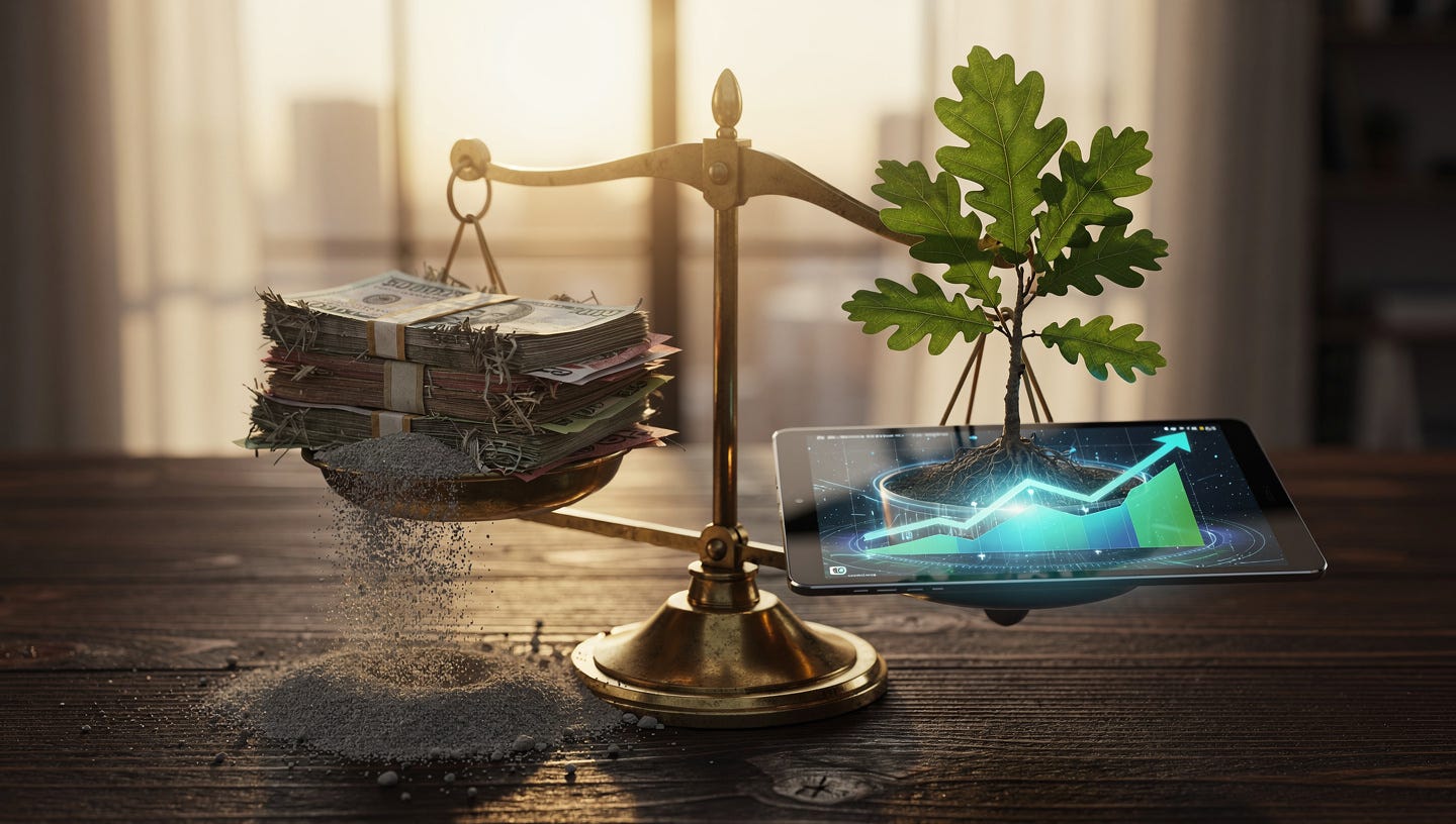 A hyper-realistic, cinematic wide shot of a high-contrast scene. On a dark wooden table sits an old brass balance scale. On the left pan, a stack of paper currency is slowly disintegrating into fine grey dust and sand, symbolizing the erosion of inflation. On the right pan, a small, vibrant green oak sapling is growing out of a sleek, modern glass tablet that displays a glowing, upward-trending financial graph. The background is a blurred, sophisticated office at dawn with soft, warm sunlight filtering through a large window. 8k resolution, professional photography, sharp focus, depth of field, symbolic and powerful atmosphere. A hyper-realistic, cinematic wide shot of a high-contrast scene. On a dark wooden table sits an old brass balance scale. On the left pan, a stack of paper currency is slowly disintegrating into fine grey dust and sand, symbolizing the erosion of inflation. On the right pan, a small, vibrant green oak sapling is growing out of a sleek, modern glass tablet that displays a glowing, upward-trending financial graph. The background is a blurred, sophisticated office at dawn with soft, warm sunlight filtering through a large window. 8k resolution, professional photography, sharp focus, depth of field, symbolic and powerful atmosphere.