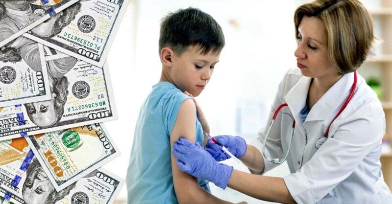 child getting vaccine and money