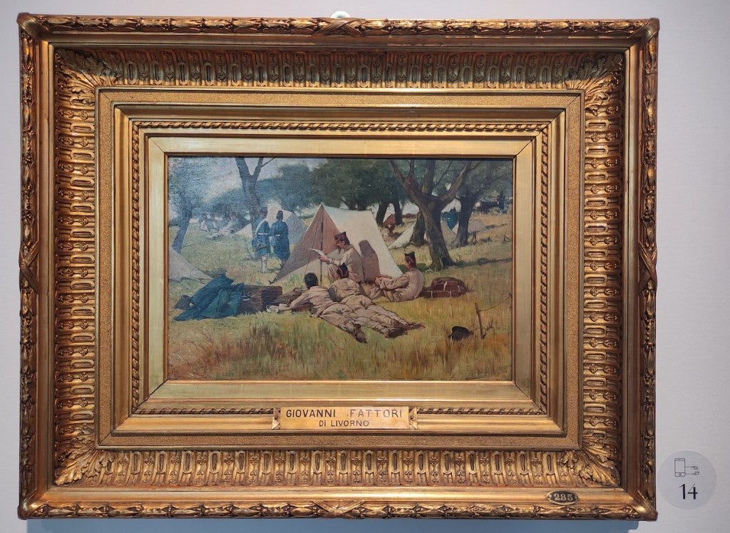Painting by Giovanni Fattori showing soldiers in camp reading a letter from  home.