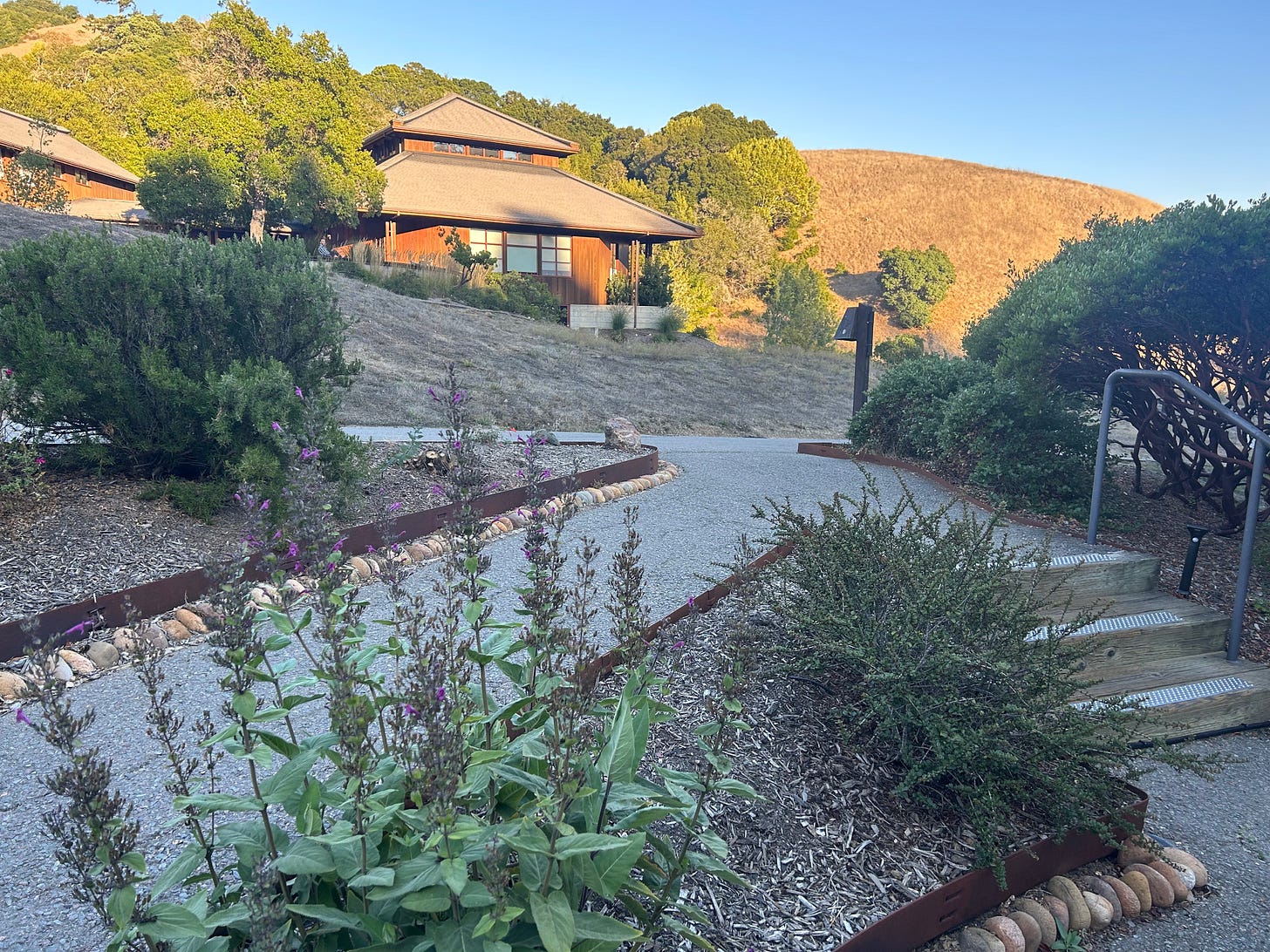 Photo of the meditation hall at Spirit Rock Meditation Center with landscaping in front and  hills and trees behind