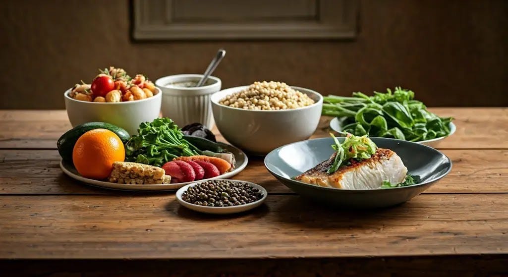 A nutritious meal that includes a variety of vibrant vegetables, fresh fruits, whole grains, and a serving of fish is beneficial for enhancing cognitive function and overall brain health.