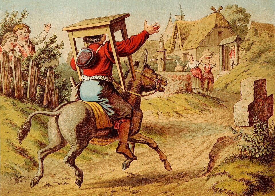A boy returns home with a table, donkey, and stick in a late 19th century book illustration.