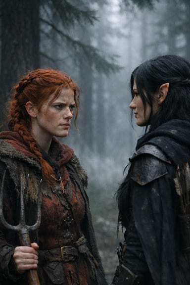 Asherose meeting Silverleaf beneath the pines, red‑haired villager with fierce wary eyes facing a dark‑haired elven ranger in Barovian forest mist Asherose meeting Silverleaf beneath the pines, red‑haired villager with fierce wary eyes facing a dark‑haired elven ranger in Barovian forest mist