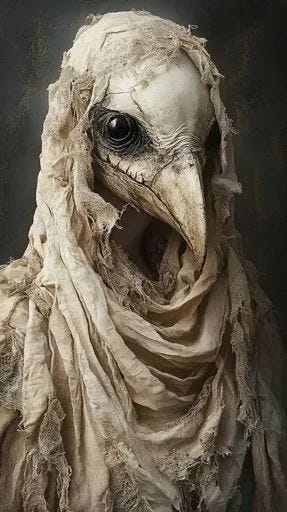 This may contain: a creepy looking bird with its mouth open and wearing a scarf around it's neck