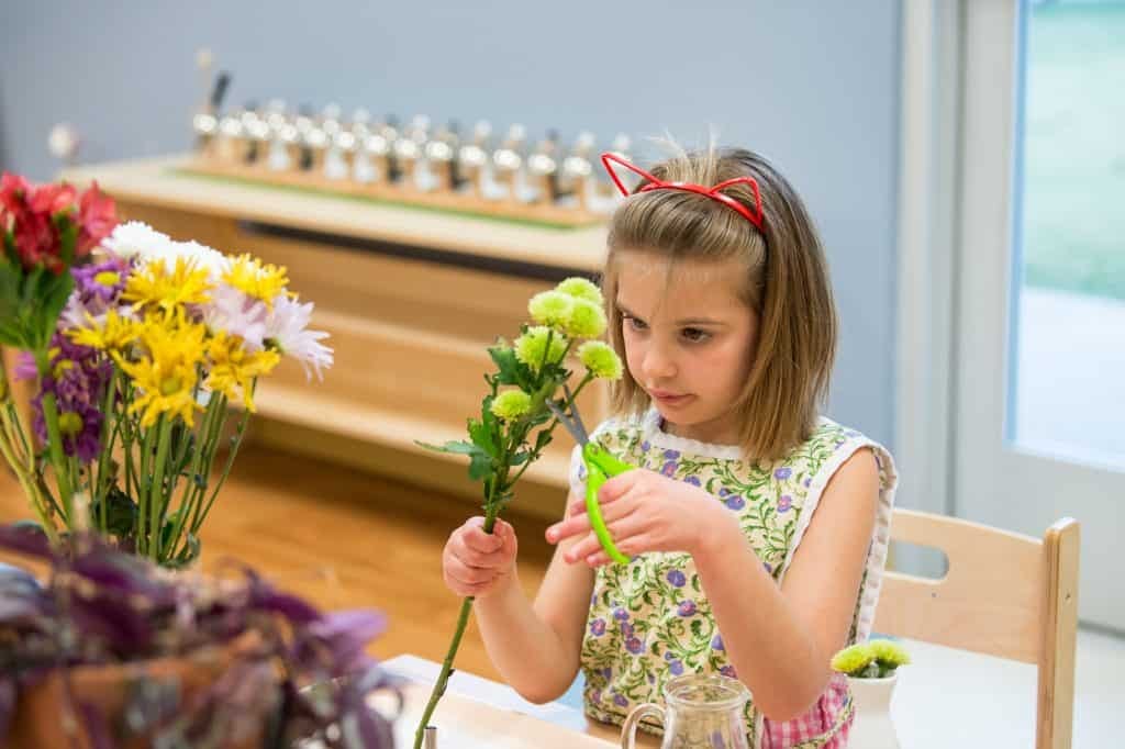 Girl cutting flower stems in Montessori classroom, hands-on AI learning environment.