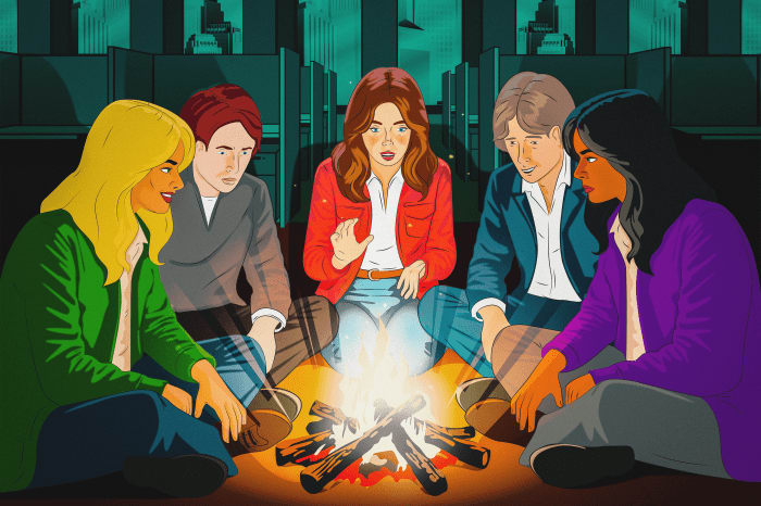 Illustration of five coworkers sitting in a circle around a campfire in an office setting.